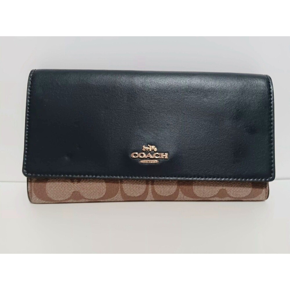 COACH Trifold Wallet Mid-Night Blue Leather / Signature Tan Canvas 88024
